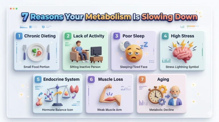7 reasons metabolism slows down infographic showing key causes like diet, sleep, stress and aging
