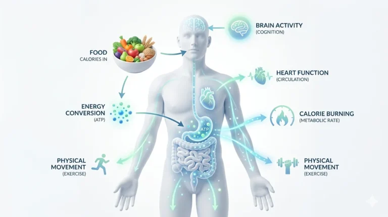 Metabolism explained infographic showing how body converts food into energy