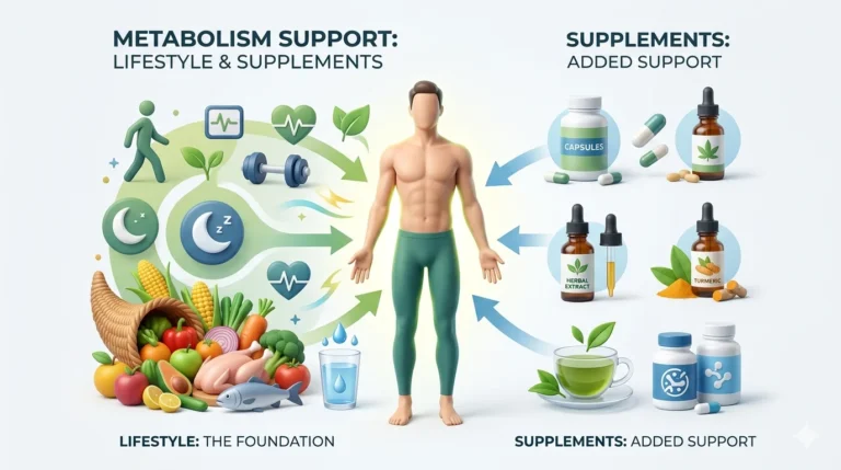 Metabolism supplements infographic showing they support but do not replace healthy lifestyle habits