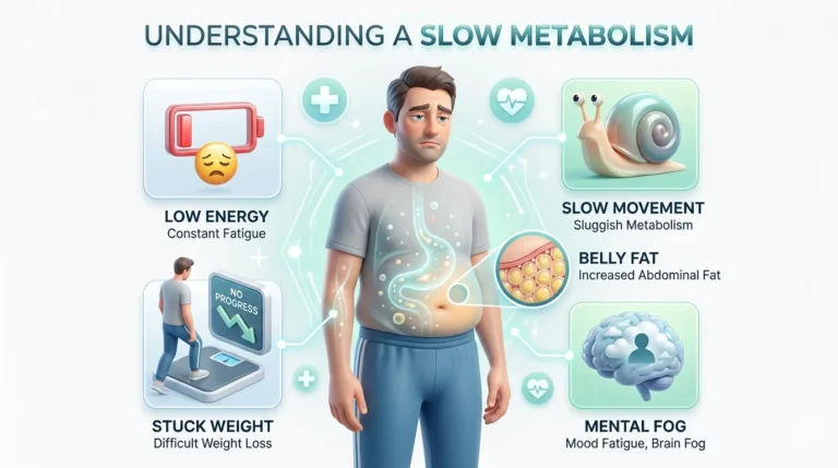 Signs of slow metabolism infographic showing fatigue, weight gain, and low energy symptoms
