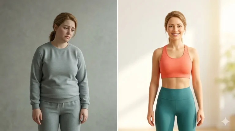 A split-screen image showing an overweight woman in gray sweatpants and a sweatshirt on the left, and a fit woman wearing a coral sports bra and teal leggings on the right.