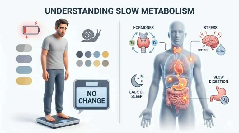 Why metabolism slows down infographic showing internal and external factors