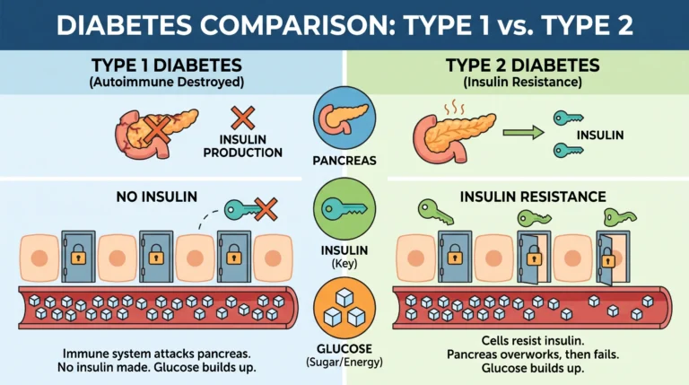Clean Type 1 vs. Type 2 comparison graphic with pancreas, insulin, and glucose