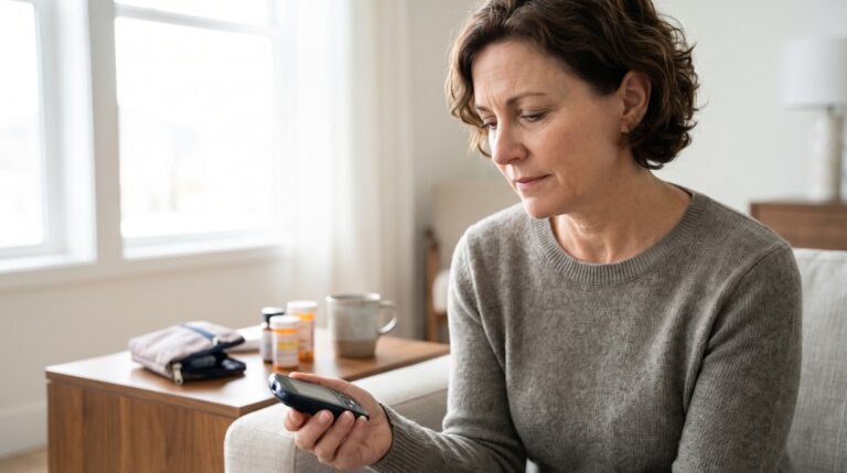 Middle-aged American adult looking thoughtfully at a blood glucose meter, with subtle medical/health background