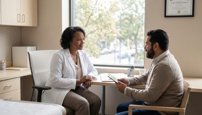Patient speaking with healthcare professional about digestive symptoms