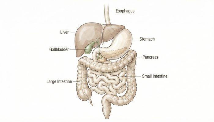Illustration of the human digestive system showing gut health